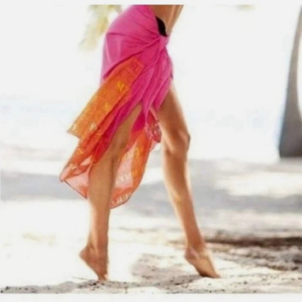 🌁 NWOT: VICTORIAS SECRET; (*SML. FLAW) ORANGE & PINK LOGO LABEL BEACH SARONG!